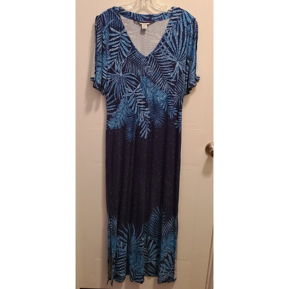 Tommy Bahama Women's V-Neck Short Split Sleeve Stretch Maxi Dress Blue Palms S
